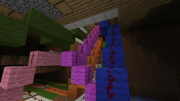 Colorful block structures in a Minecraft setting.