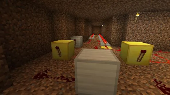 Minecraft underground tunnel with yellow and white blocks.