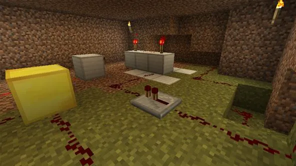 A Minecraft underground redstone circuit setup.