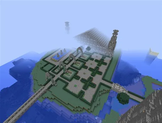 Aerial view of a Minecraft landscape featuring a green island with pathways and structures.