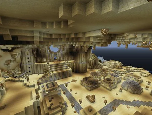 Minecraft cave landscape with stone formations and sandy terrain.