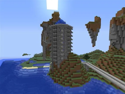 Minecraft landscape featuring a tall building on a rocky island with floating mountains in the background.