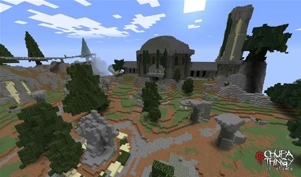 Aerial view of a detailed Minecraft landscape featuring ruins and trees.