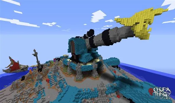 "Colorful block structure resembling a cannon in a Minecraft landscape."