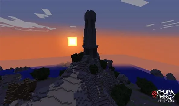 Minecraft landscape featuring a tower at sunset.