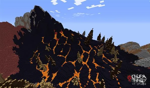 Minecraft landscape depicting a mountainous terrain with lava and trees.