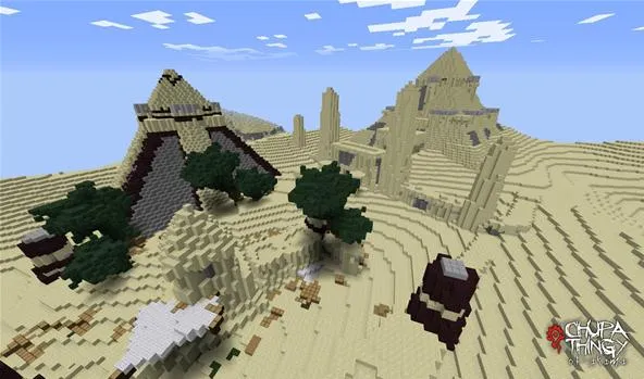 Minecraft desert landscape with pyramids and structures.