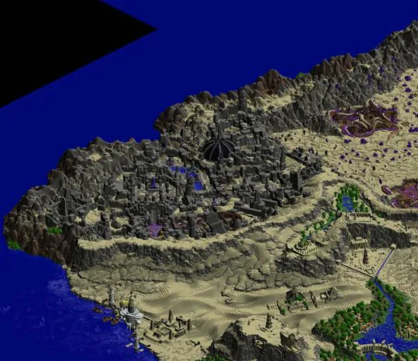 3D terrain model of a desert landscape with a coastal view.
