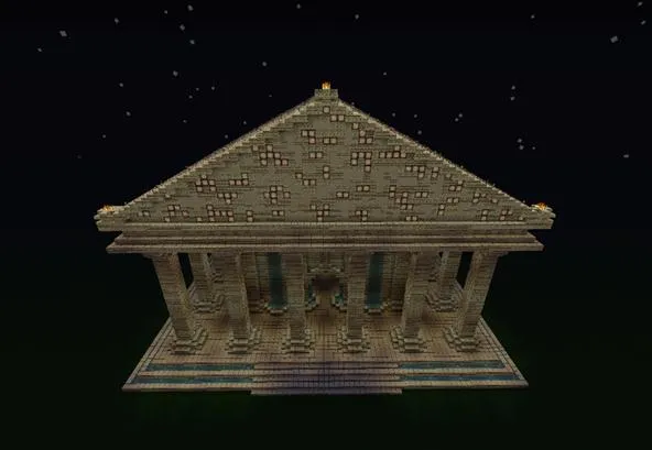 3D rendering of a classical temple structure with columns against a starry night background.