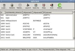 Password recovery tool interface displaying user account details and password hashes.
