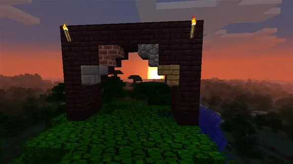 Minecraft sunrise view through an archway made of various building blocks.