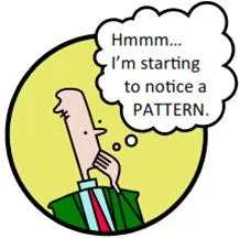 A cartoon character contemplating a pattern with a speech bubble.