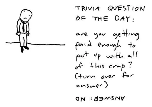 Person standing with a trivia question about job satisfaction.