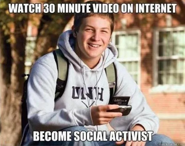 Youth holding a smartphone with a humorous text about becoming a social activist after watching a video.