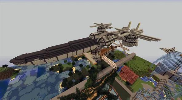 Minecraft airship in a scenic landscape.