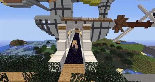 Minecraft build featuring a large structure with a bridge and a character standing on a pathway.