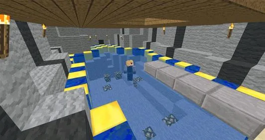 A character navigating a water course in a Minecraft-like environment.