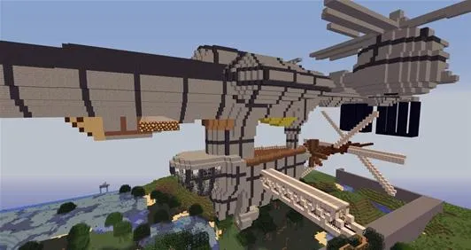 A detailed Minecraft airship structure with wings and propellers.