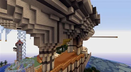 A detailed view of a Minecraft architectural structure with overhanging elements and varied terrain.