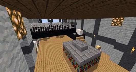 Minecraft interior view featuring a kitchen area and seating.
