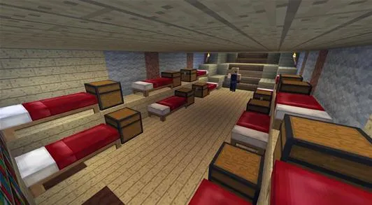 Minecraft interior design of a cozy sleeping area with beds and storage chests.