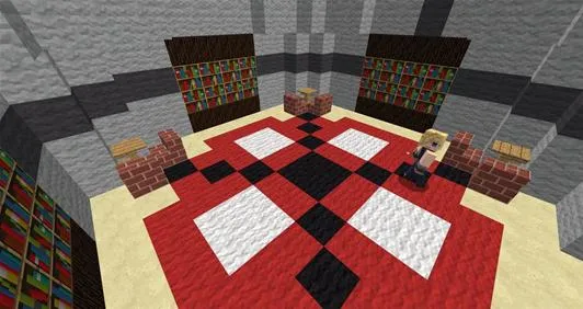 A Minecraft interior with a red and black patterned rug, bookshelves, and two brick tables.