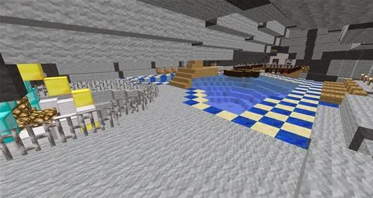 A Minecraft-style indoor pool area with a checkerboard pattern and wooden structures.