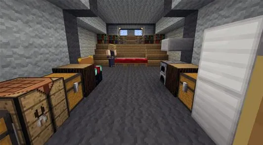Interior view of a Minecraft game environment featuring crafting stations and a seating area.