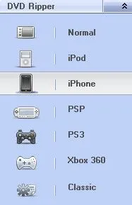 DVD Ripper device options for various platforms including iPod, iPhone, PSP, PS3, Xbox 360, and Classic.