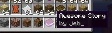 Minecraft inventory displaying the item "Awesome Story" by jeb_.