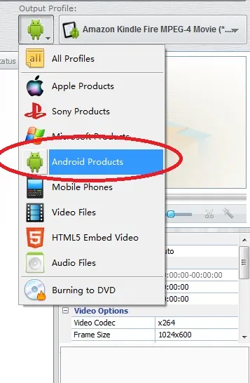 Options for selecting Android products in a software interface.