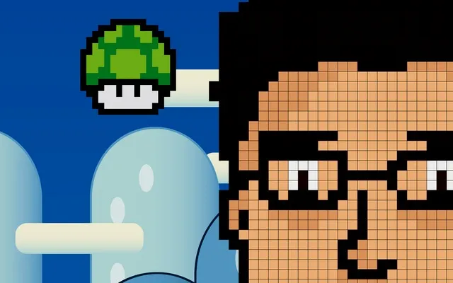 Pixel art style illustration featuring a green shell and a character with glasses.