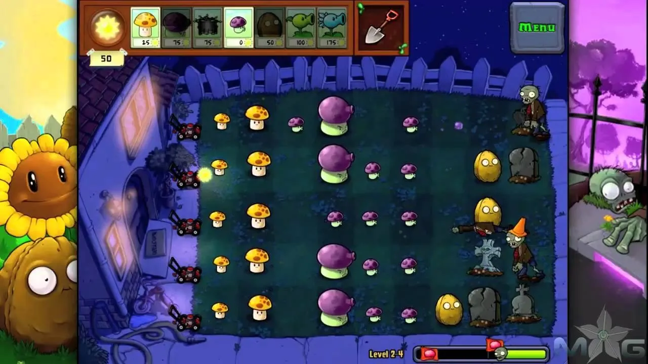 A garden scene from a strategy video game featuring plants and zombies.