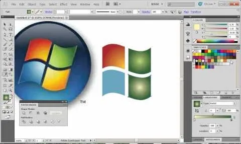 Alternative text for the image: "Design software interface displaying Windows logo graphics."