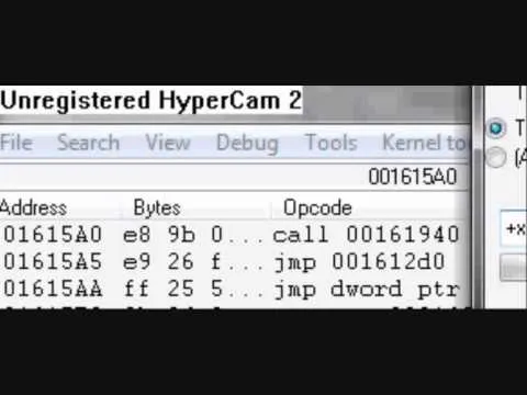 Code snippet from Unregistered HyperCam 2 interface showing memory addresses and opcodes.