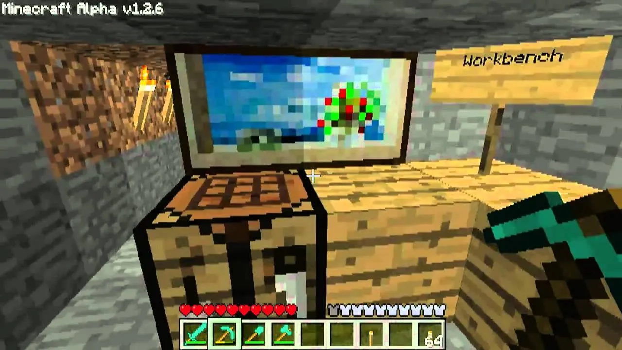 Minecraft interior scene featuring a workbench and a colorful painting.