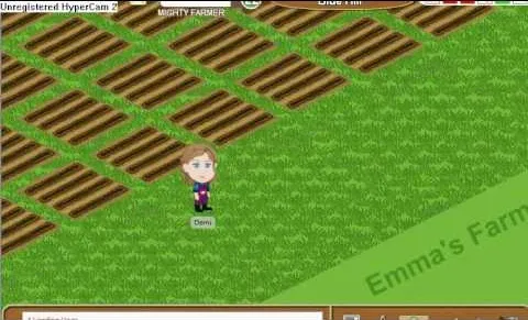 A character standing on a large, green farm with tilled fields.