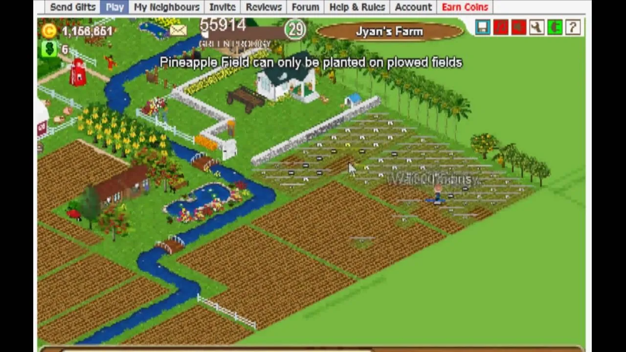 Pixelated landscape featuring a farm, river, and house in a simulation game.