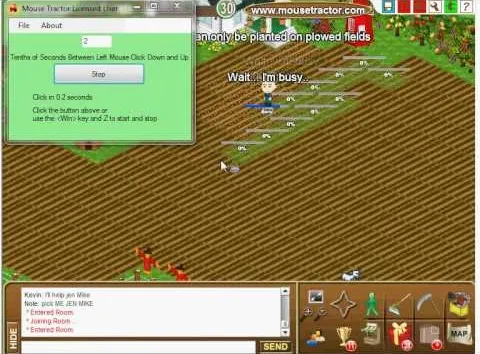 Online farming game interface with plowed field and chat feature.