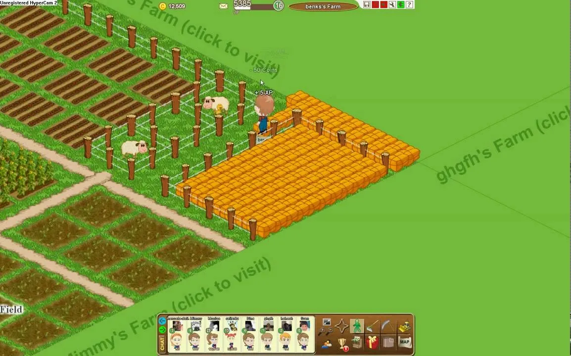 Farm simulation game interface with crops and farm buildings.