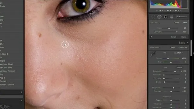 Close-up of a woman's eye with editing software interface.