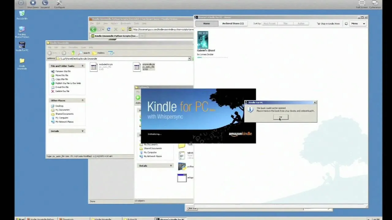 Screenshot of a computer desktop displaying a Kindle application interface and file explorer.