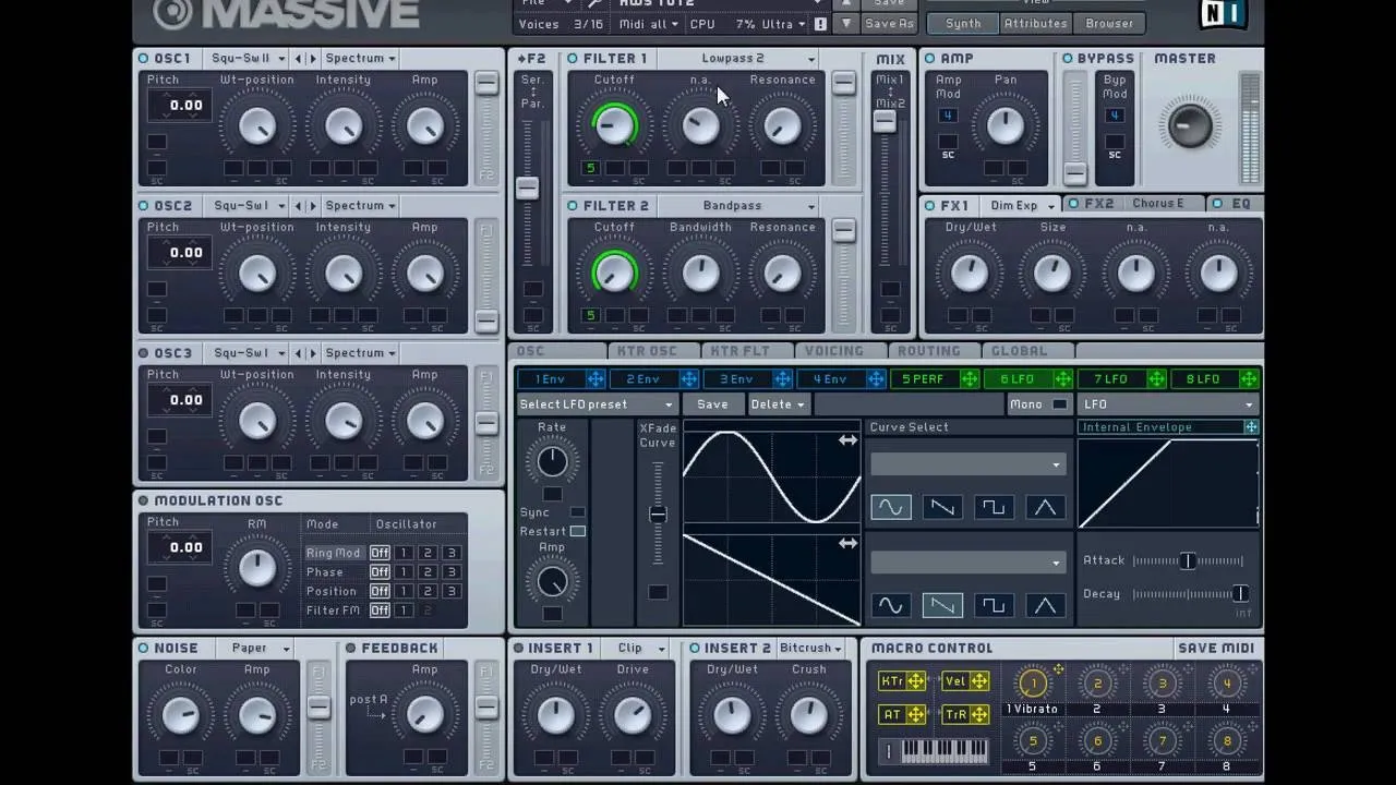 Music production software interface displaying sound modulation controls and parameters.