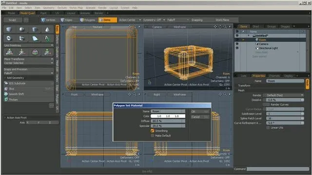 3D modeling software interface displaying a wireframe cube and properties settings.