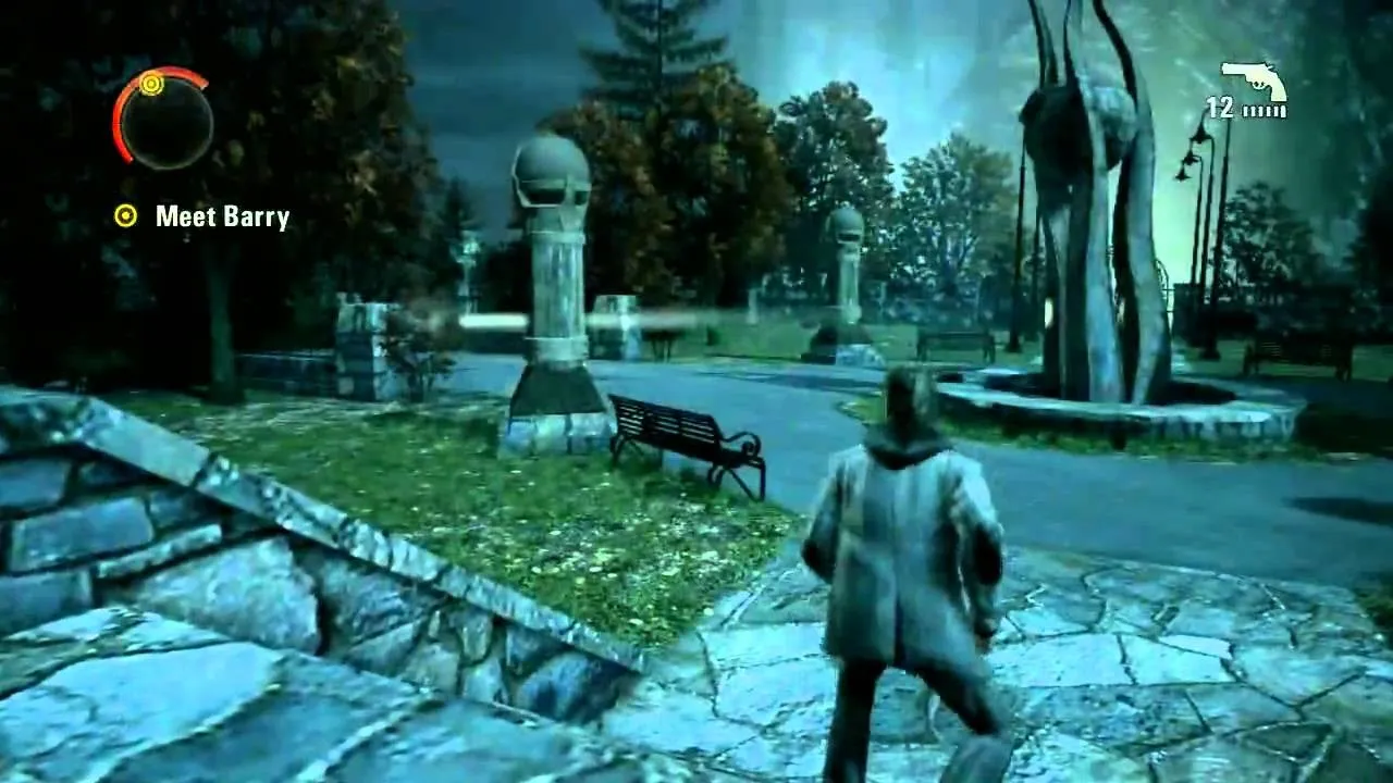 A character exploring a misty park with stone sculptures and benches.