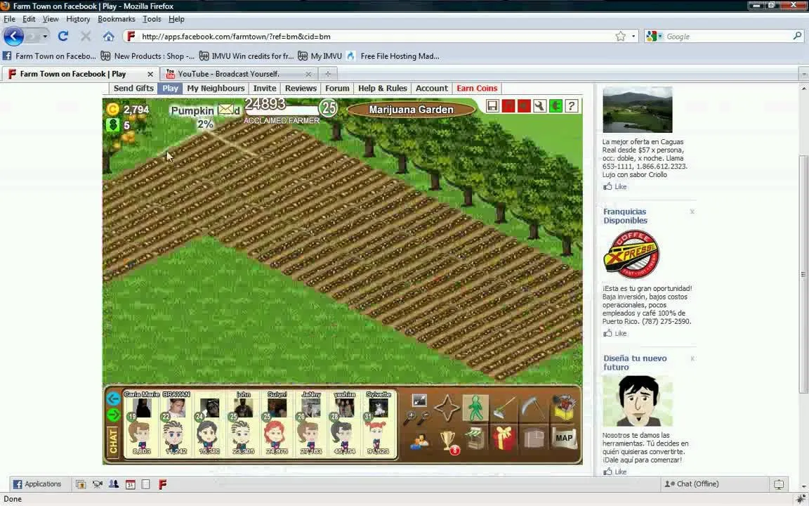 A farming simulation game interface displaying crops and trees.