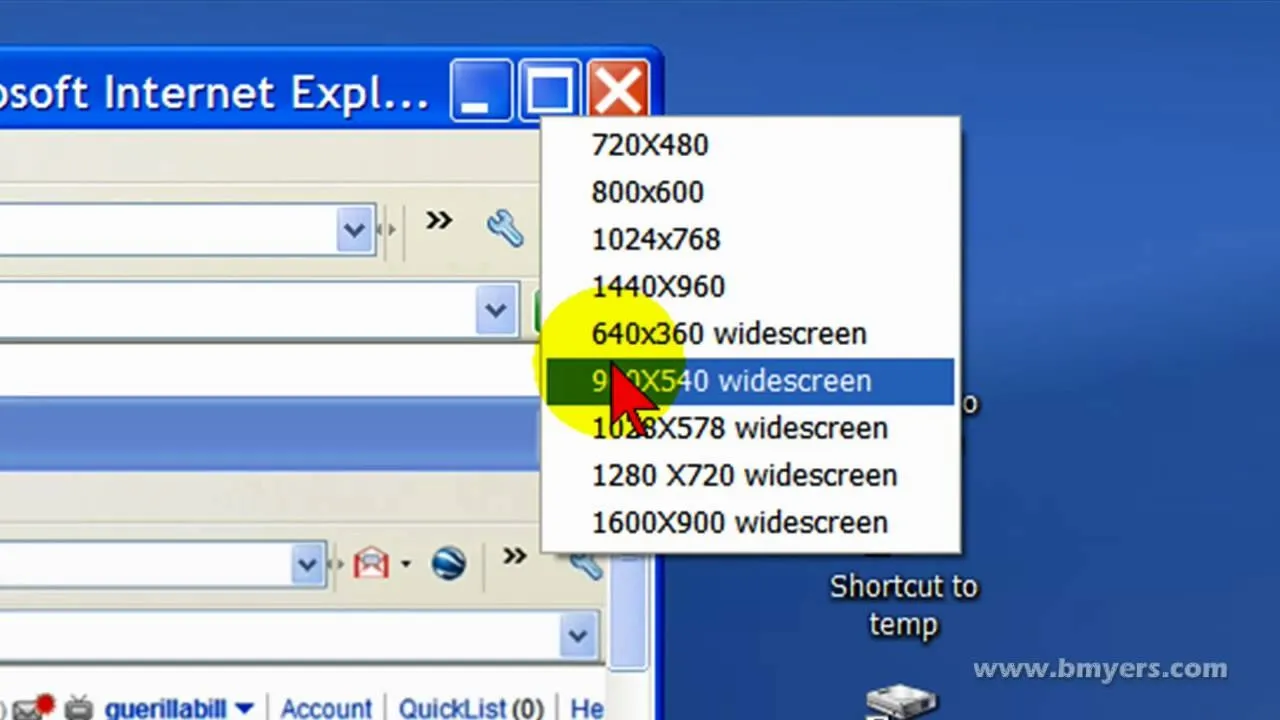 Screenshot showing resolution options in Internet Explorer.