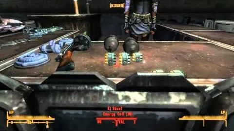 Fallout game scene featuring various game items on a table.