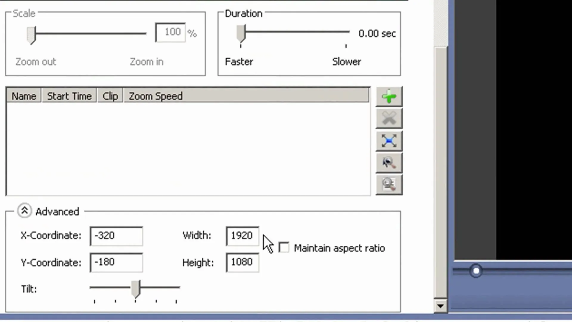 Image editing software interface showing zoom and duration controls.