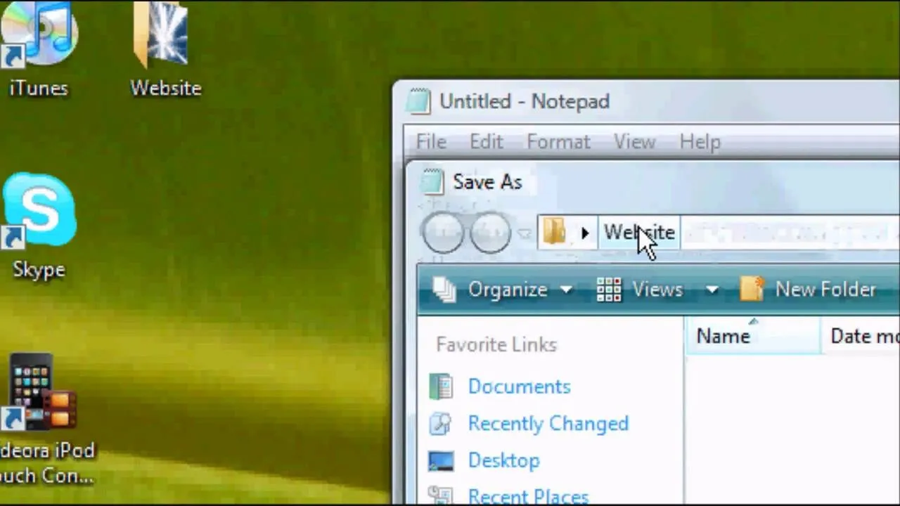 A computer screen displaying a Notepad window with "Website" in the file name field.